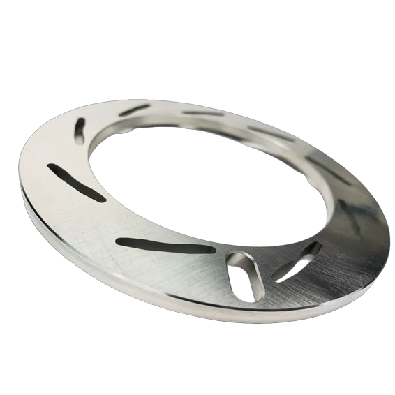 Metallic ring with cut-out design on a white background