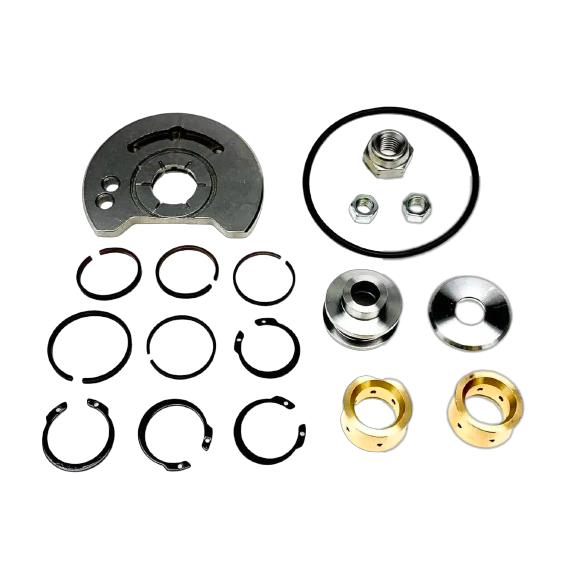 Mechanical parts including a metal washer, spring, and metal components on a white background