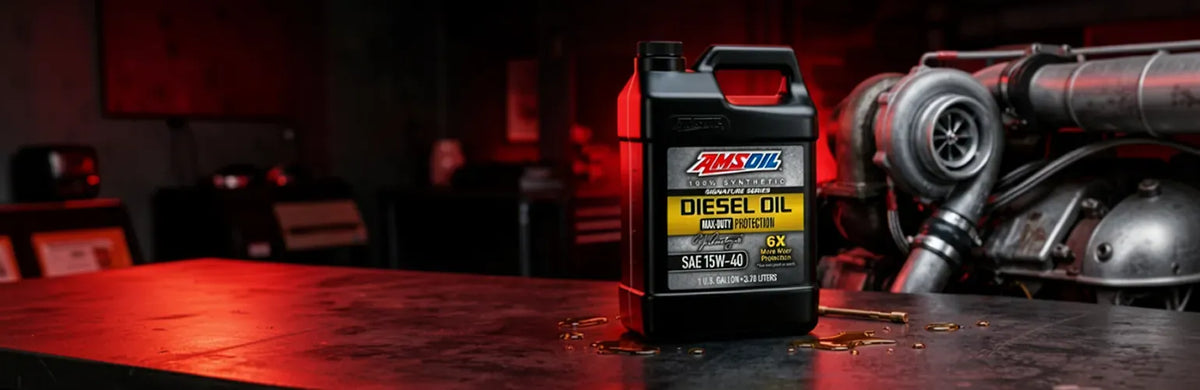 A bottle of Maxton MTX Diesel Oil 4T SE 10W-40 SAE 30 oil stands on a dark workbench in a workshop setting, with a turbocharger and engine parts blurred in the background under dramatic red lighting.