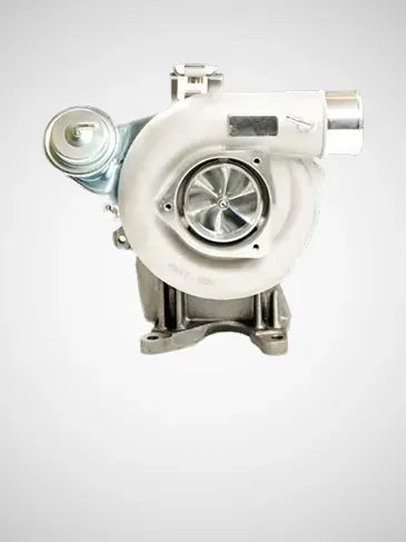 A used automotive turbocharger with a white painted housing, silver metallic turbine wheel, and metal mounting bracket, shown against a light gray gradient background.