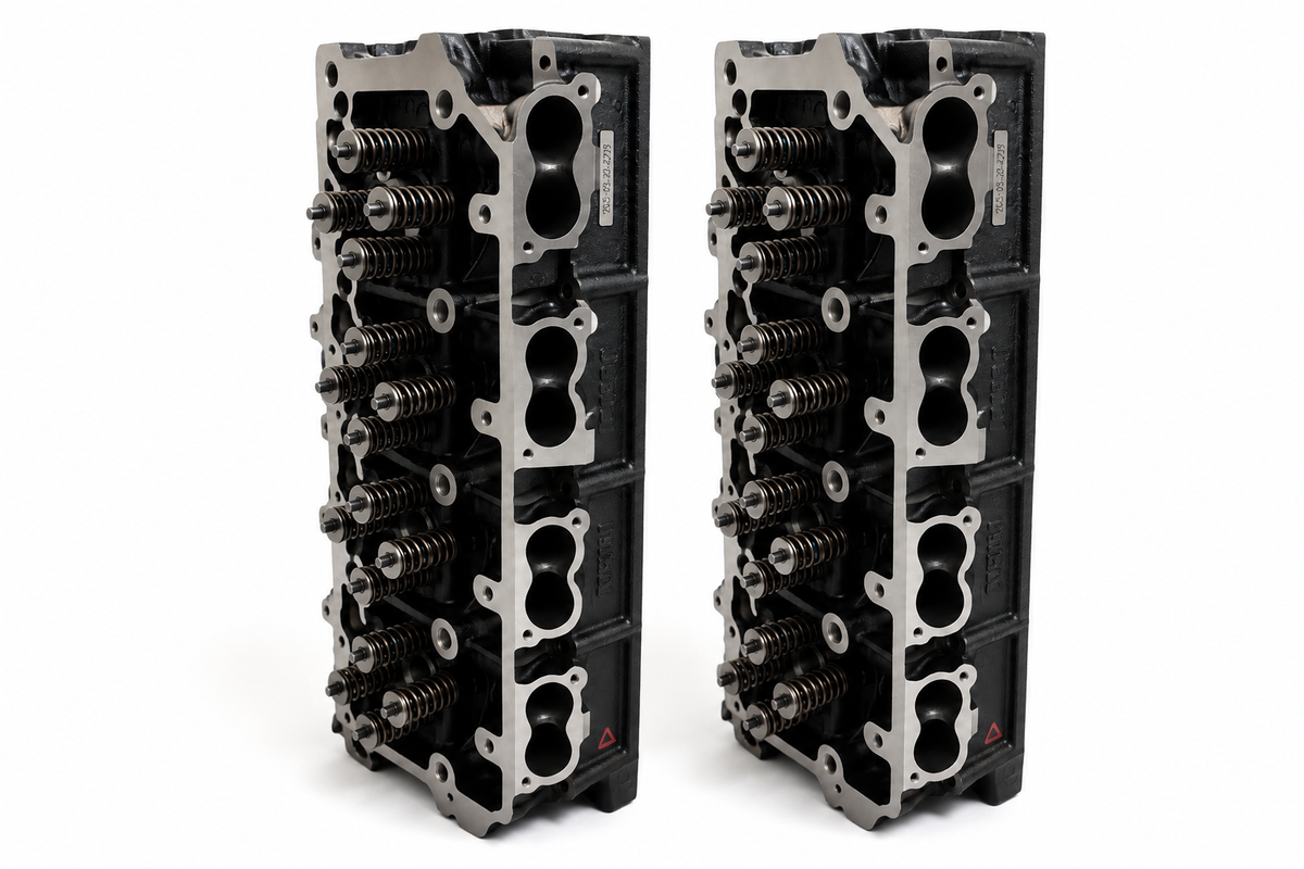 Two engine cylinder heads on a white background