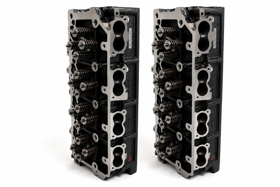 Two engine cylinder heads on a white background