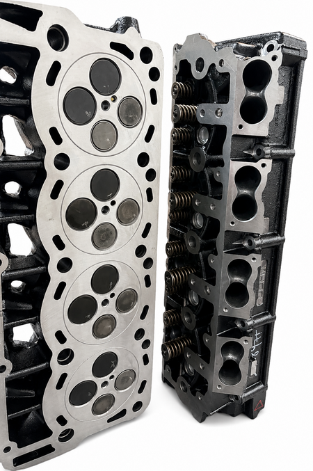Two engine cylinder heads photographed on a white background, one showing the silver headland and valve seat area, and the other showing the dark cast iron side with springs and ports.