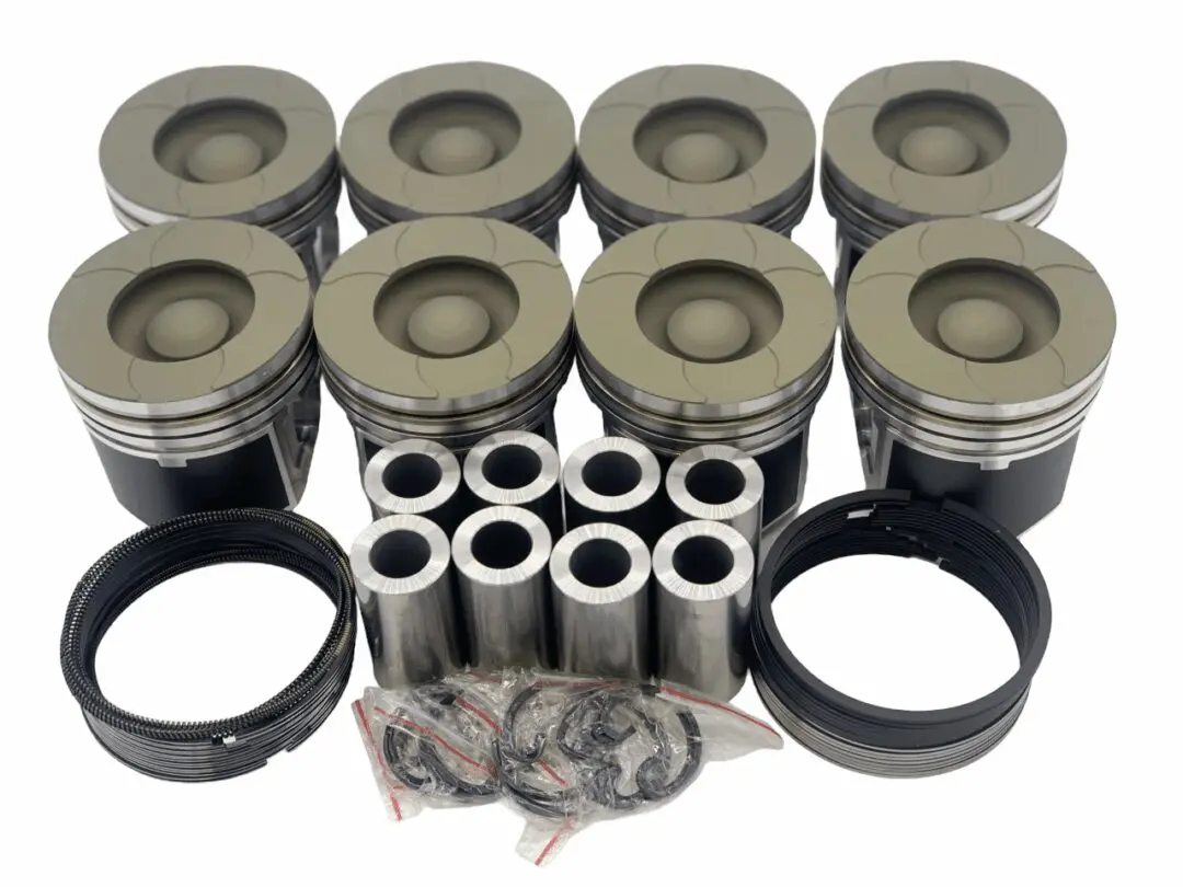 Engine pistons and rings set with accessories.