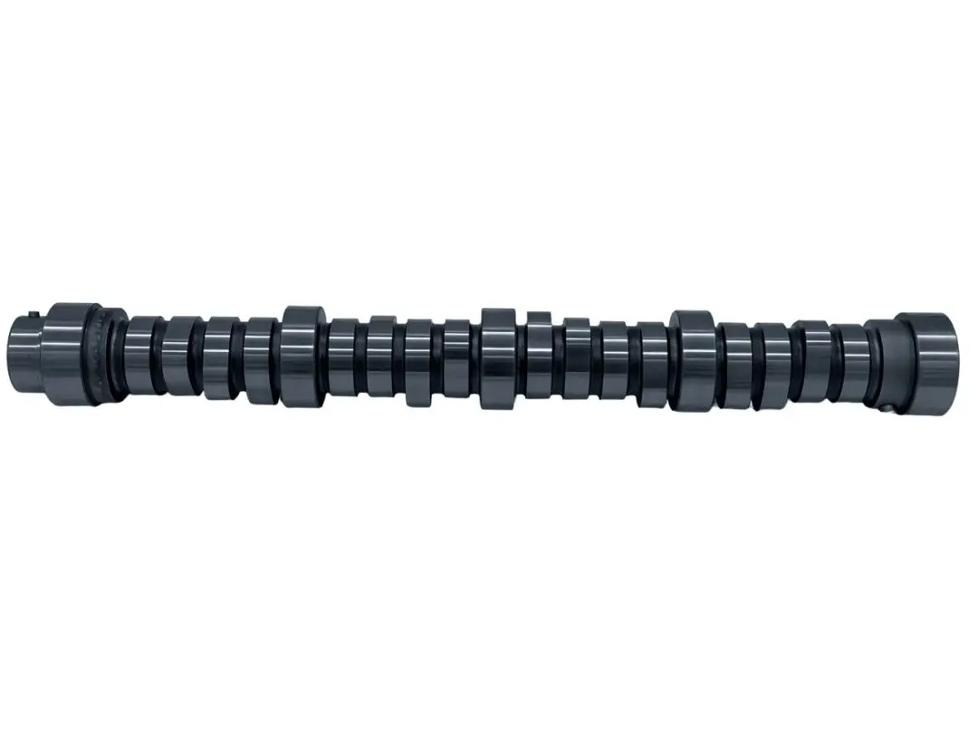 Camshaft with multiple lobes and bearings.