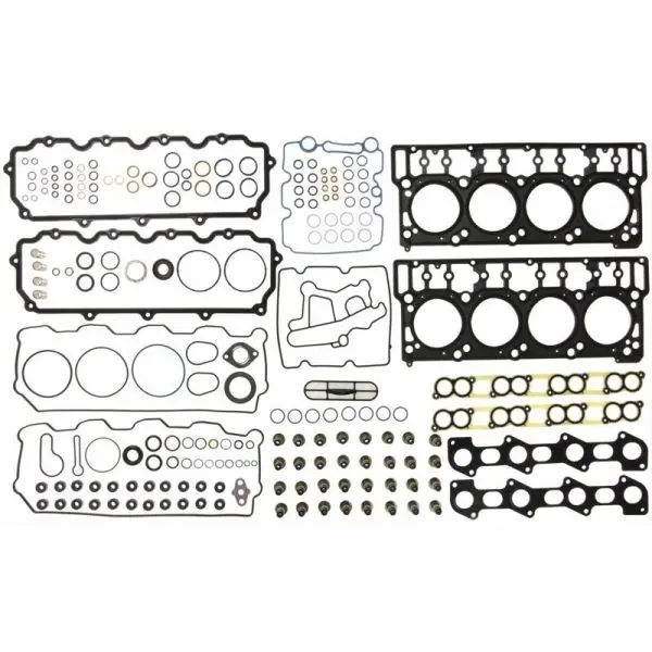 A complete engine gasket set with various gaskets and seals.