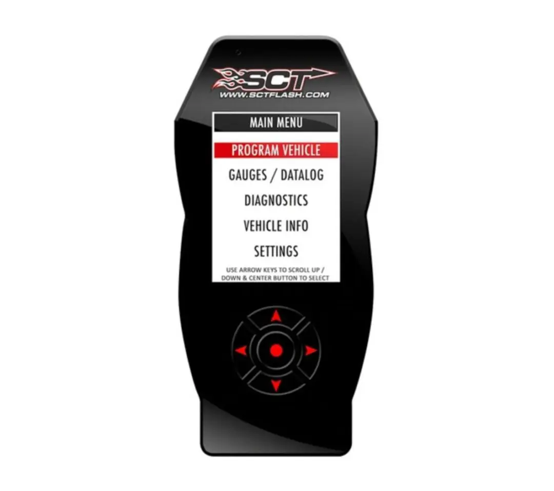 SCT handheld vehicle programmer showing main menu