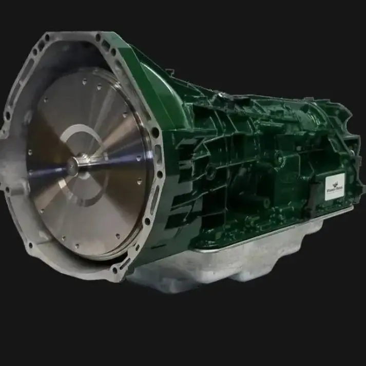 A green automotive transmission system on a black background.