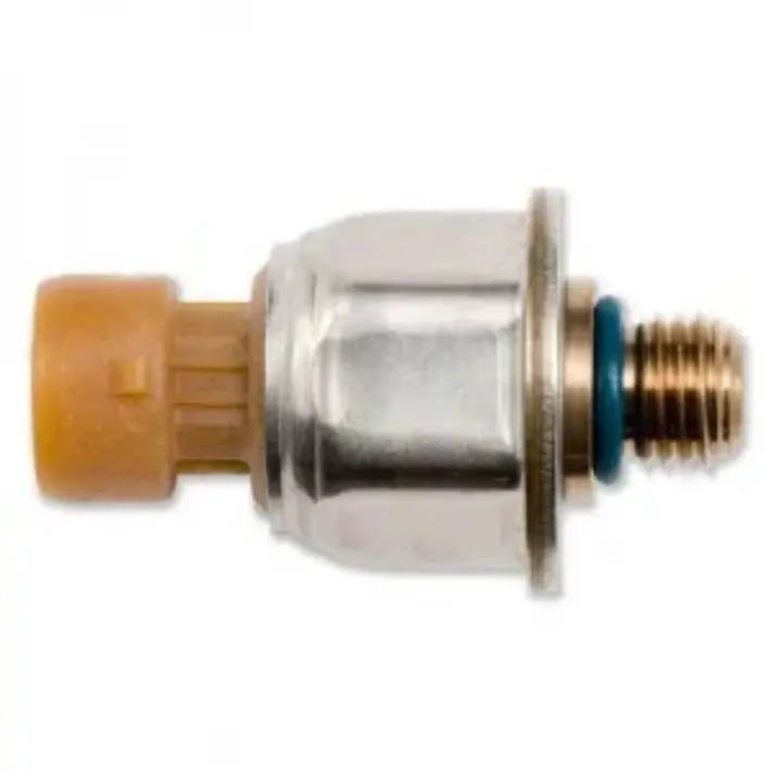 Close-up of a metal pressure sensor with a brown plastic connector.