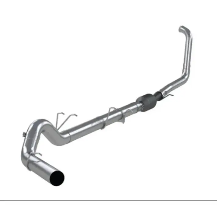 A metal automotive exhaust pipe with bends and a muffler.