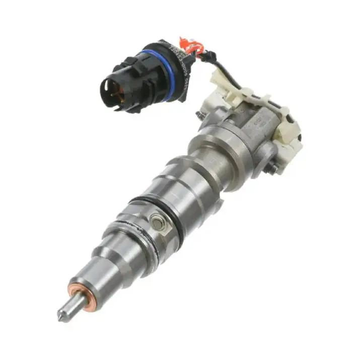 A diesel fuel injector with electrical connector and nozzle.