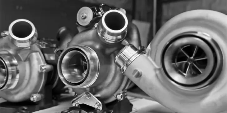 Close-up of metallic turbochargers and turbine wheels