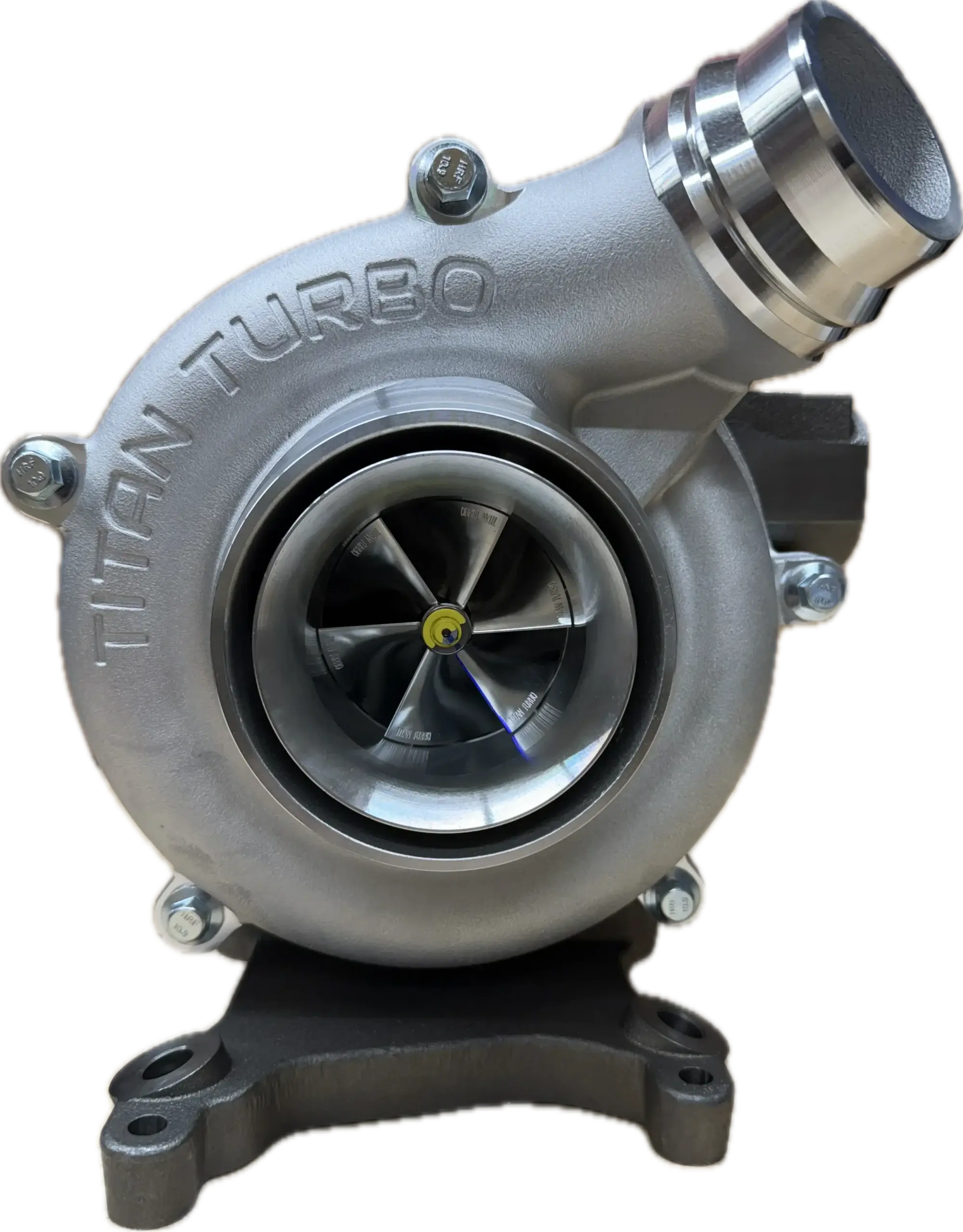 Silver Titan turbocharger with visible compressor wheel