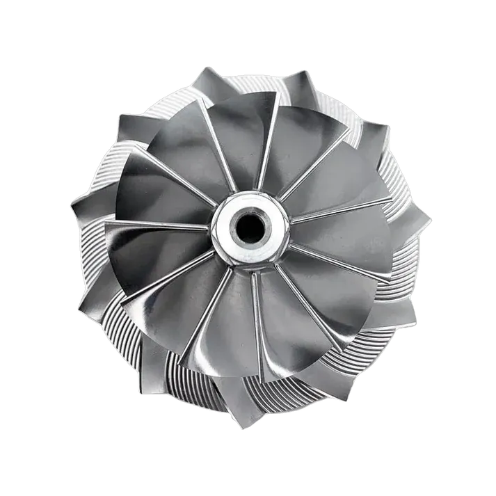 Metal turbine wheel with curved blades, viewed from above.