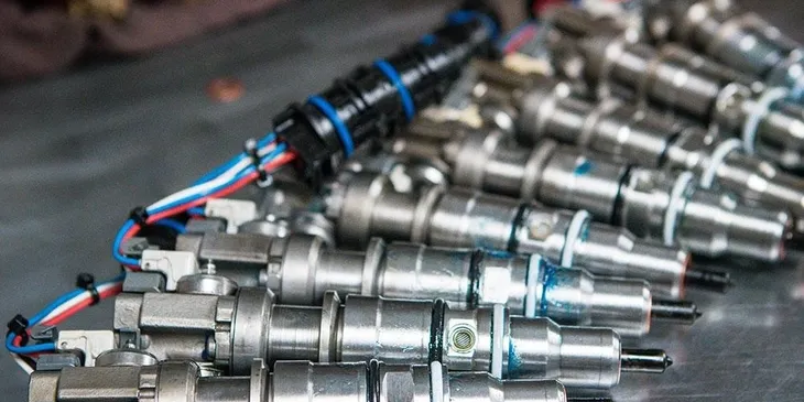 Close-up of cylindrical engine components with wiring