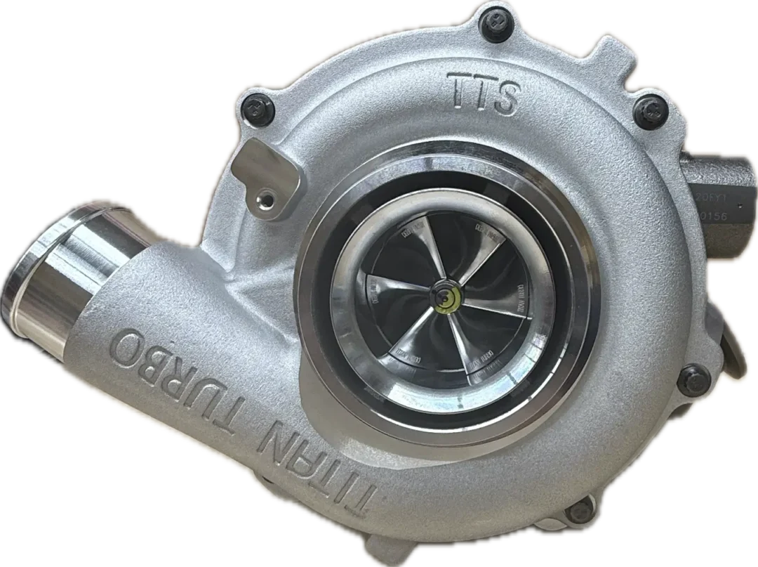 Silver turbocharger with visible compressor wheel