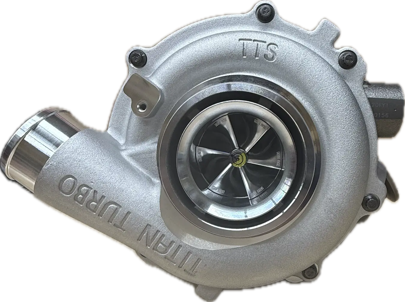 Silver turbocharger with visible compressor wheel